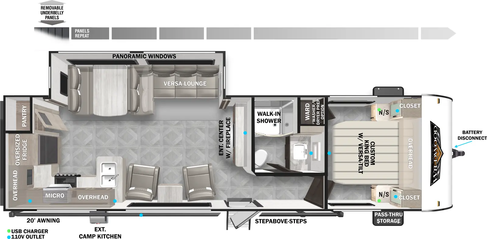 The 27RK has one slideout and one entry. Exterior features include a 20 foot awning, exterior camp kitchen, step above entry steps, front pass-thru storage, battery disconnect, and removable underbelly panels. Interior layout front to back: custom king bed with versa-tilt, night stands and closets on each side, overhead cabinet, and walk-in closet with washer/dryer prep option; off-door side full bathroom with walk-in shower; entertainment center with fireplace along inner wall; off-door side slideout with versa lounge/dinette and panoramic windows; door side entry, two chairs with end table; peninsula kitchen countertop with sink wraps to door side with overhead cabinet, microwave, continues to wrap around to rear with oversized refrigerator and pantry.